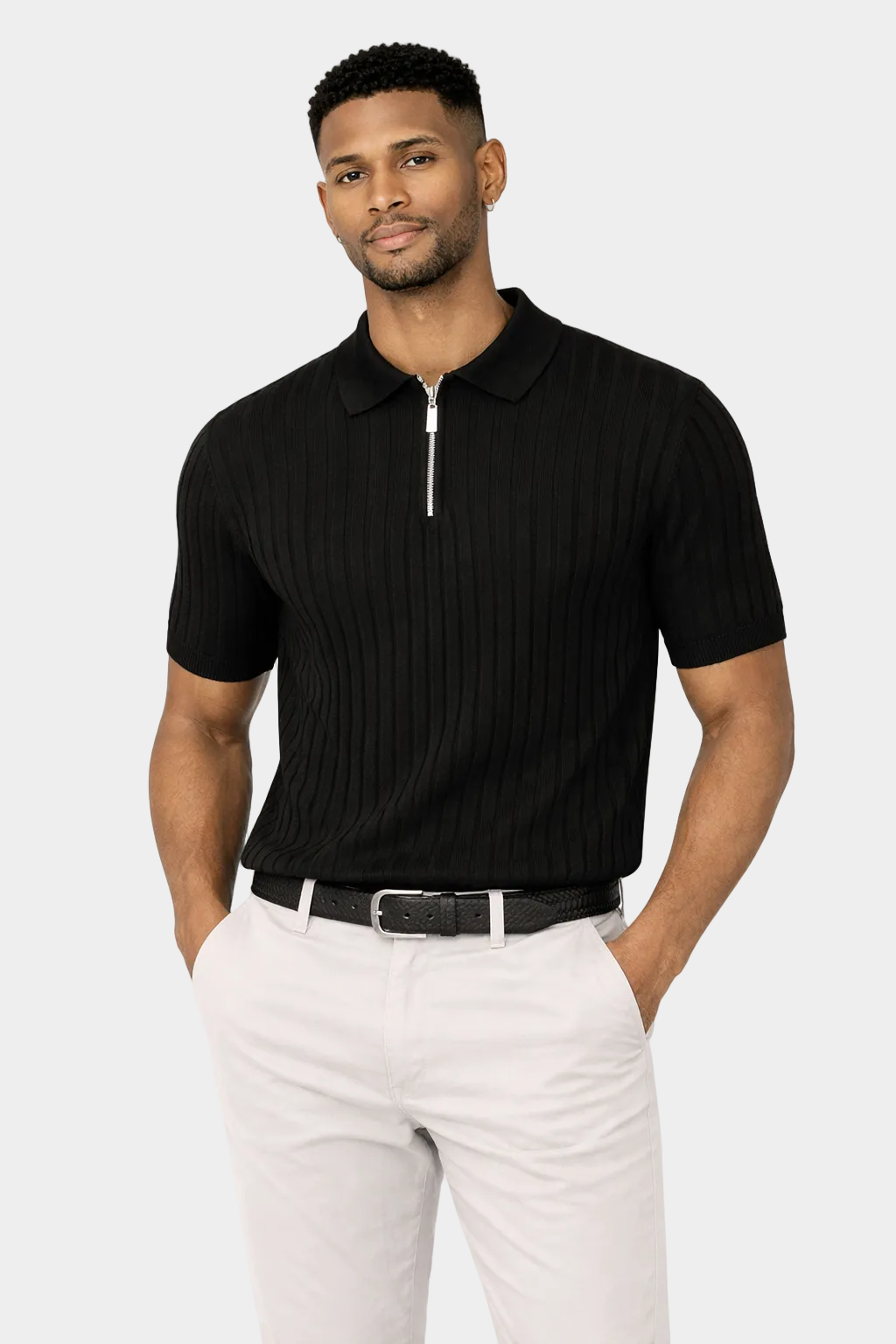 EA | GESTREEPTE POLO MET KRAAGDETAIL - ZWART